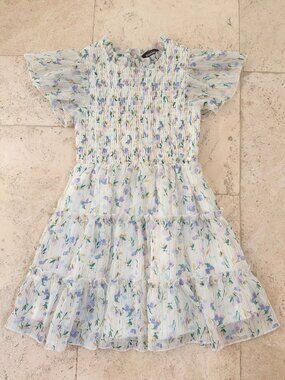 Zunie Metallic Floral Flutter Sleeve Smocked Bodice Party Dress - size 5.